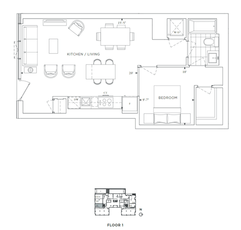 Floor plan for 1 bed, 1 bath, 671 sqft
